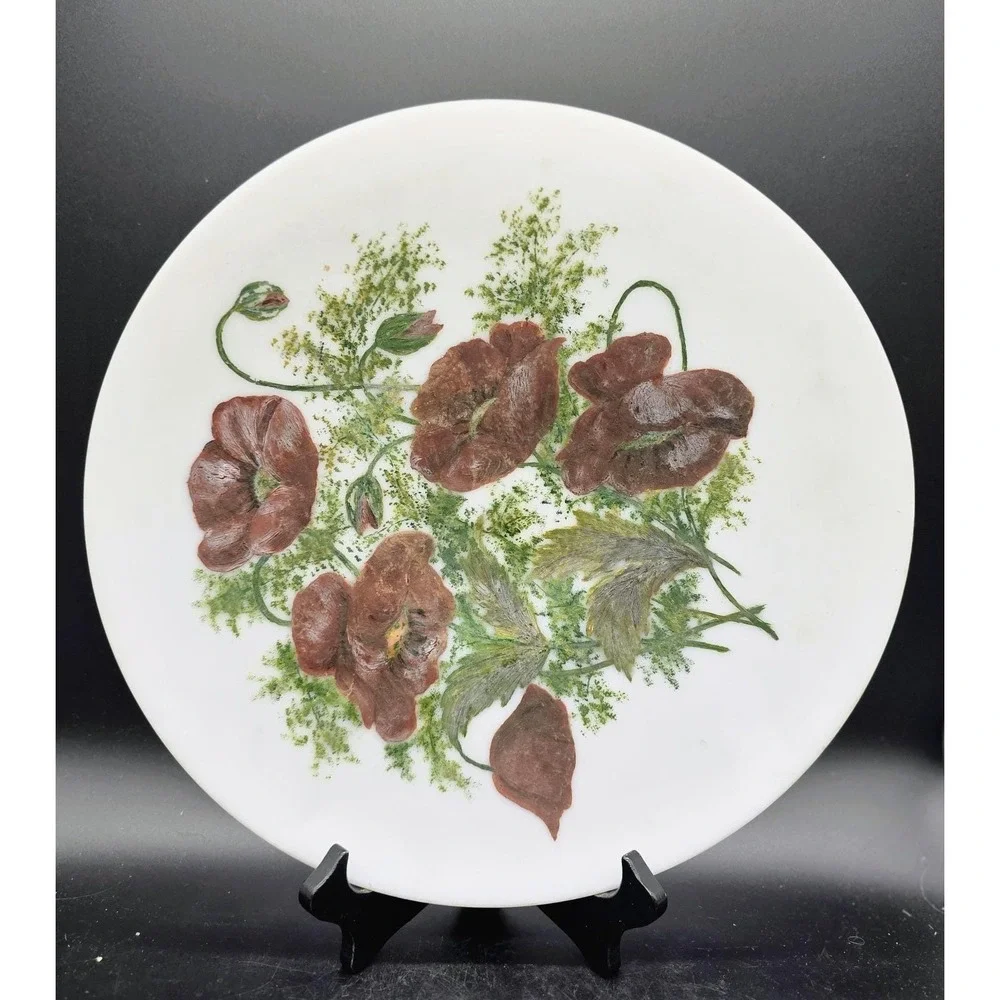 Vintage Hand Painted Milk Glass Floral Flower Plate Charger 12.5